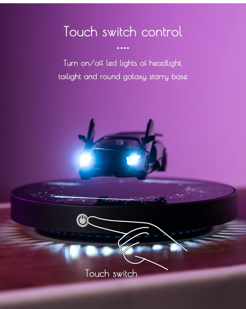 Experience the Magic of Magnetic Levitation with Our 1:36 Scale Diecast Car Model – Stunning Floating Display Base with LED Lights and 360° Rotation for an Unforgettable Desk Decor!