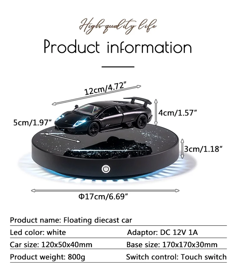 Experience the Magic of Magnetic Levitation with Our 1:36 Scale Diecast Car Model – Stunning Floating Display Base with LED Lights and 360° Rotation for an Unforgettable Desk Decor!
