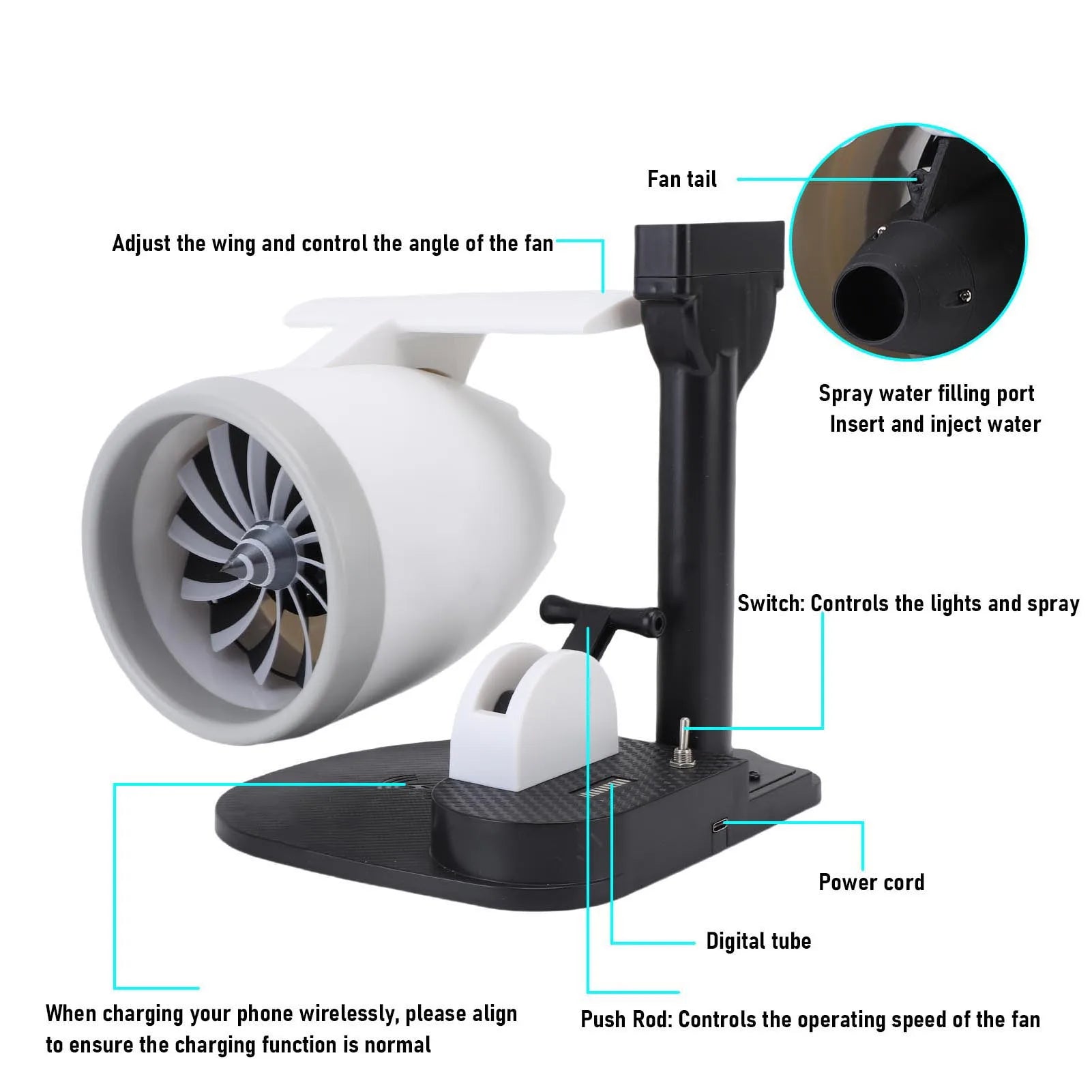 15W 3 in 1 Desktop Turbine Fan 4000Rpm Adjustable Speed Engine Shaped Versatile Desktop Turbine Fan with Humidifier for Office